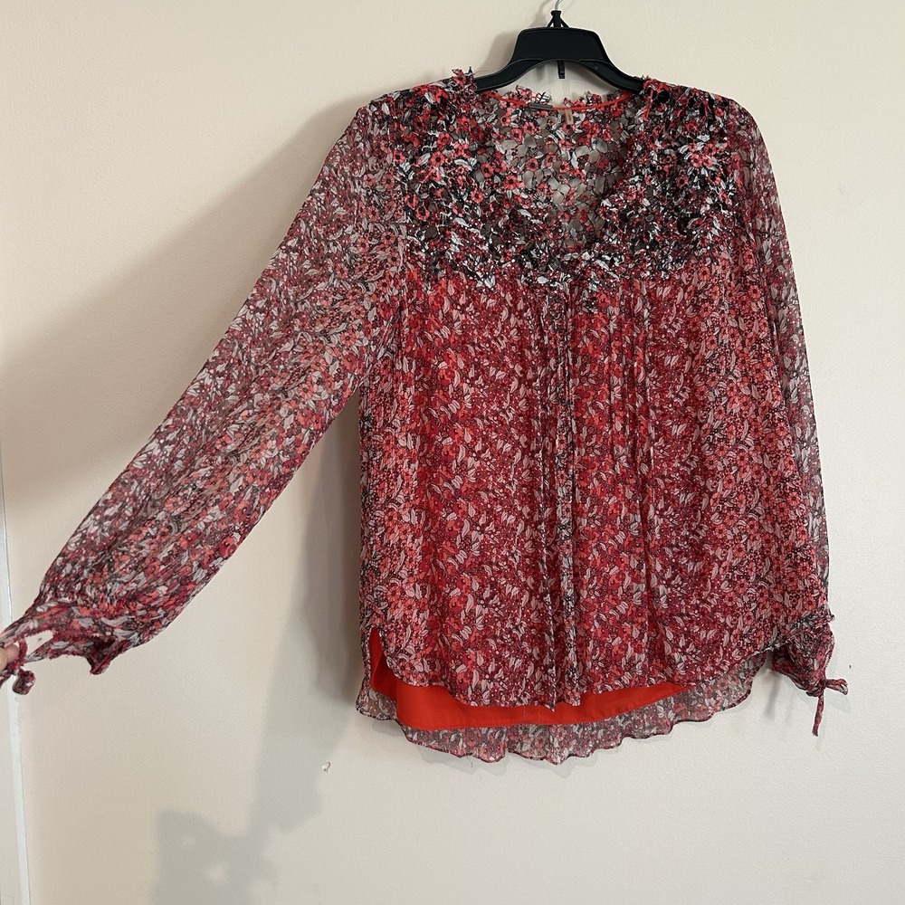 Elie Tahari Silk Blouse Sz S Floral Flowy Whimsical Sheer Overlay Lined Romantic